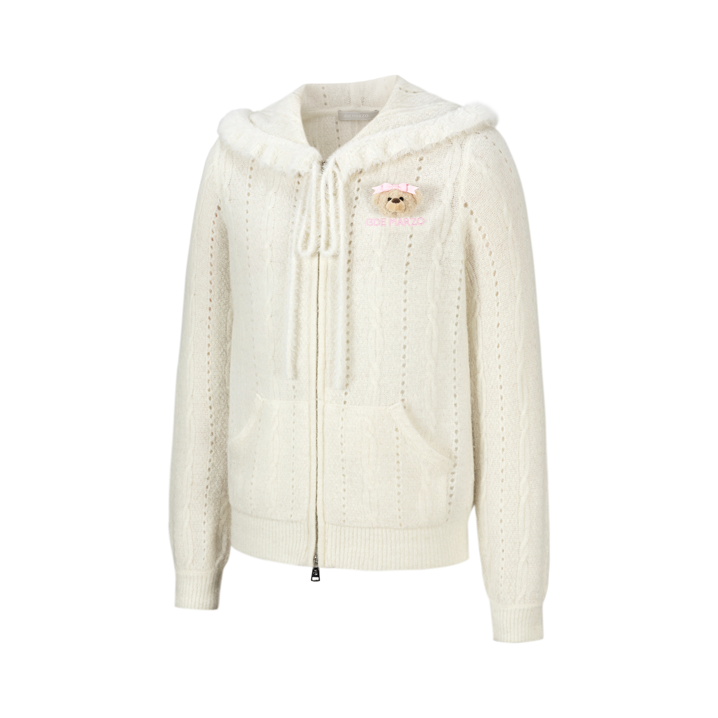13DE MARZO Ruffle Collar Knitted Hoodie Beige