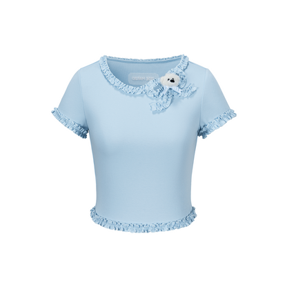 13DE MARZO Ruffle Hem Bow Tie Blouse Blue - 13DE MARZO