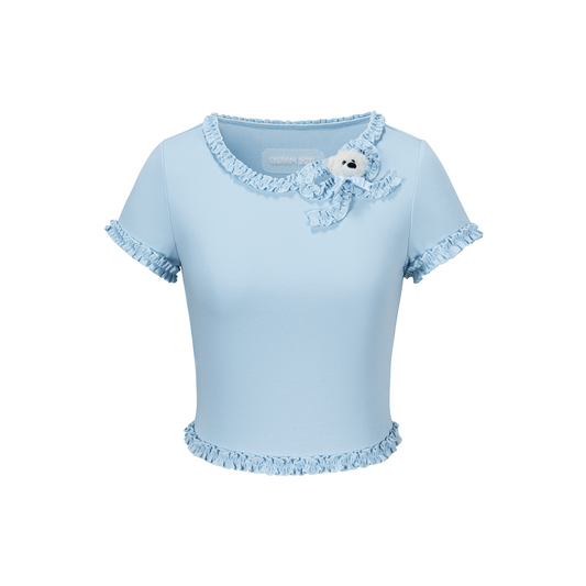 13DE MARZO Ruffle Hem Bow Tie Blouse Blue - 13DE MARZO