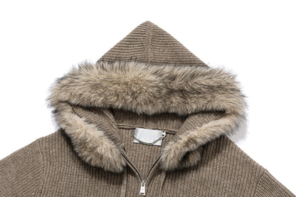 13DE MARZO Pom-pom Bear Fur Collar Knit Sweater Khaki