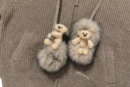 13DE MARZO Pom-pom Bear Fur Collar Knit Sweater Khaki