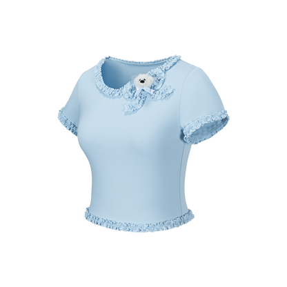 13DE MARZO Ruffle Hem Bow Tie Blouse Blue - 13DE MARZO