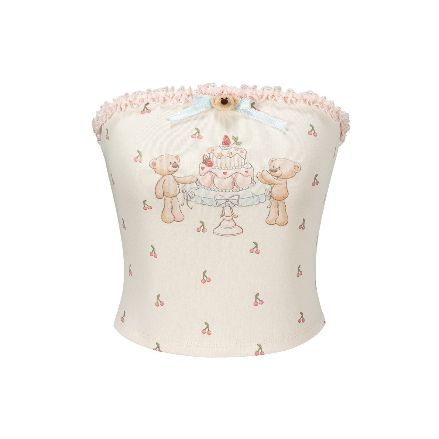 13DE MARZO All-Over Cherry Bear Print Tiered Bustier Yellow