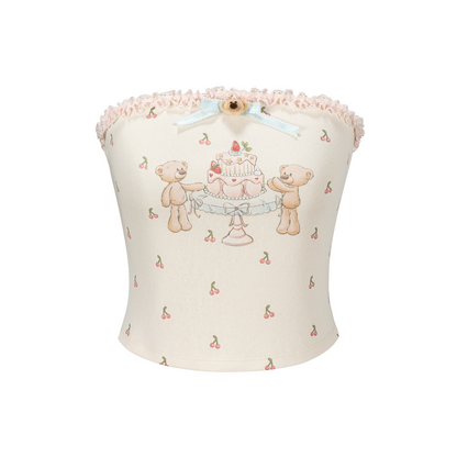 13DE MARZO All-Over Cherry Bear Print Tiered Bustier Yellow