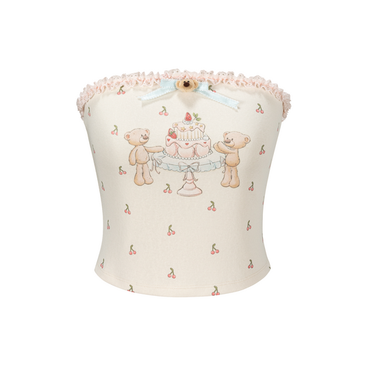 13DE MARZO All-Over Cherry Bear Print Tiered Bustier Yellow