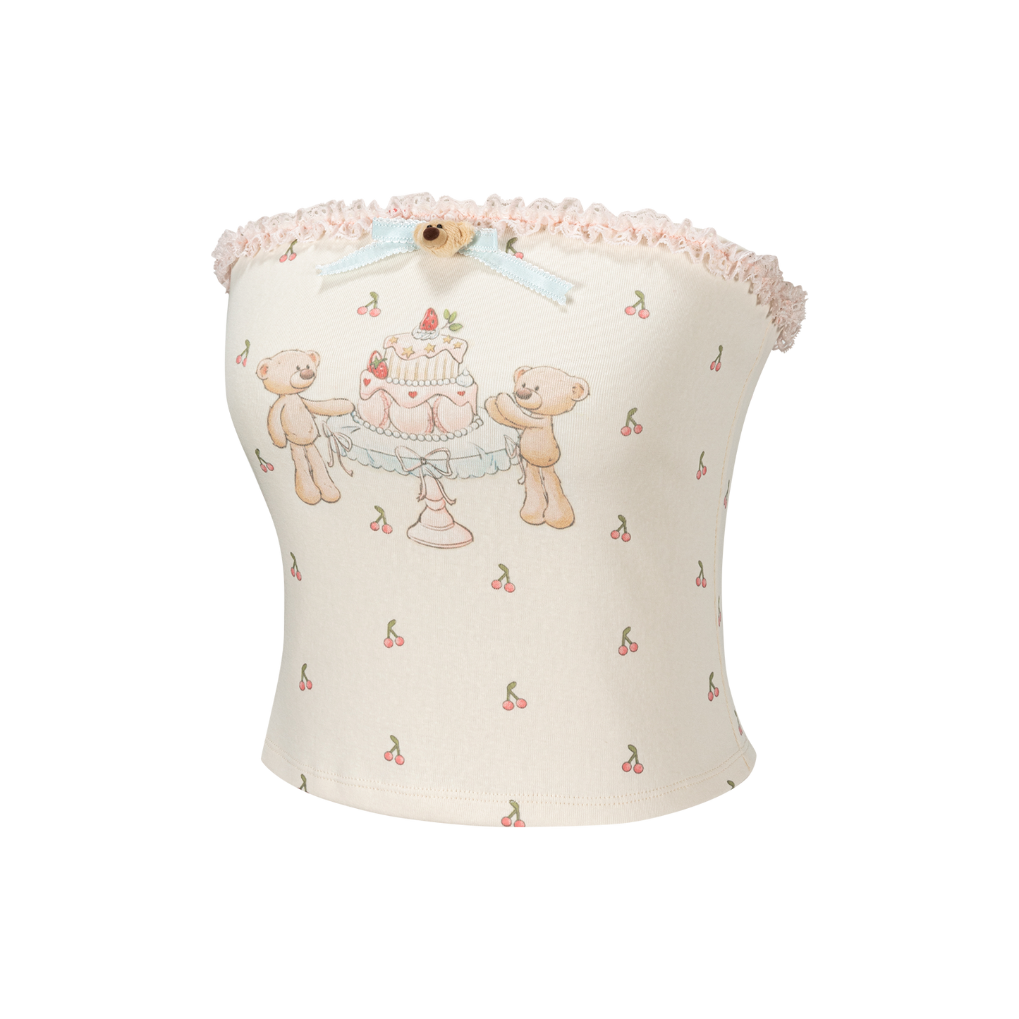 13DE MARZO All-Over Cherry Bear Print Tiered Bustier Yellow
