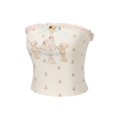 13DE MARZO All-Over Cherry Bear Print Tiered Bustier Yellow