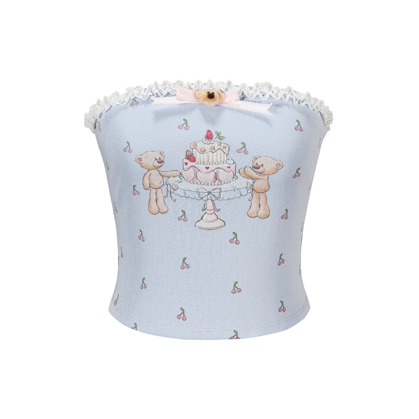 13DE MARZO All-Over Cherry Bear Print Tiered Bustier Blue