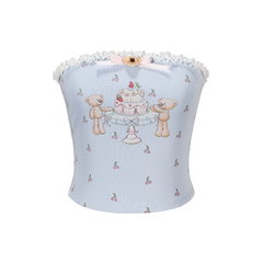13DE MARZO All-Over Cherry Bear Print Tiered Bustier Blue