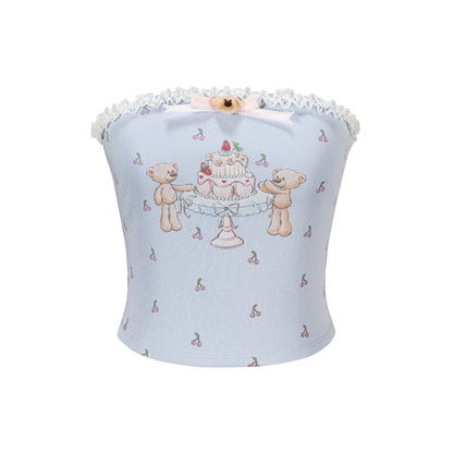 13DE MARZO All-Over Cherry Bear Print Tiered Bustier Blue