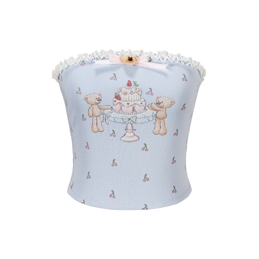 13DE MARZO All-Over Cherry Bear Print Tiered Bustier Blue
