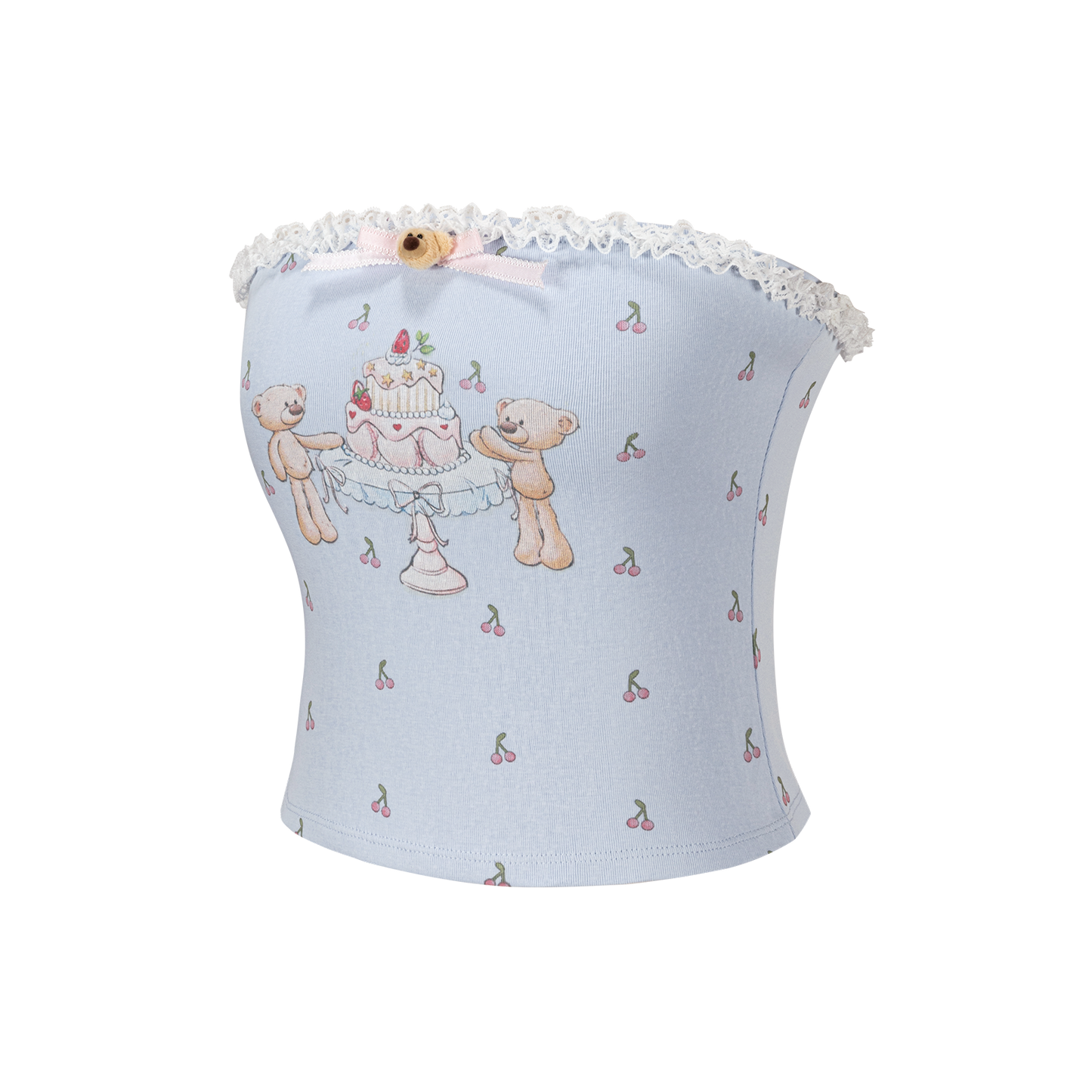 13DE MARZO All-Over Cherry Bear Print Tiered Bustier Blue