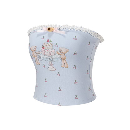 13DE MARZO All-Over Cherry Bear Print Tiered Bustier Blue