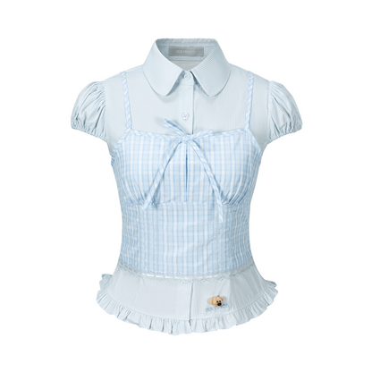 13DE MARZO Sleeveless Top with Puff Sleeve Shirt Blue - 13DE MARZO