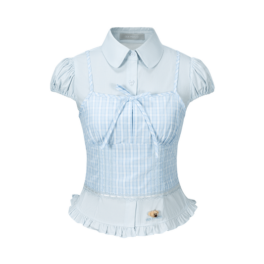 13DE MARZO Sleeveless Top with Puff Sleeve Shirt Blue - 13DE MARZO