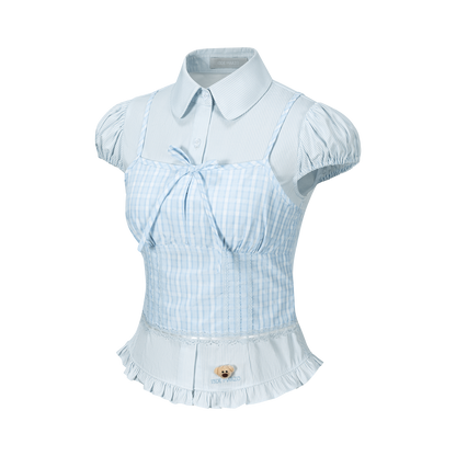 13DE MARZO Sleeveless Top with Puff Sleeve Shirt Blue - 13DE MARZO