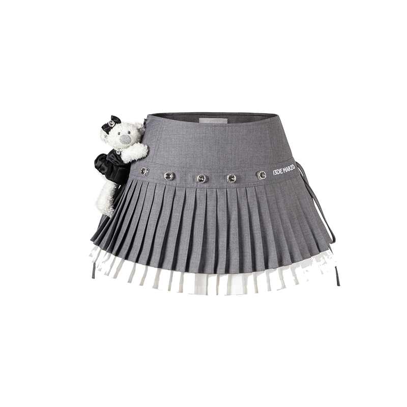 13DE MARZO Faux Rhinestones Double-Layer Pleated Skirt Grey