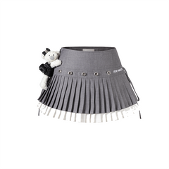 13DE MARZO Faux Rhinestones Double-Layer Pleated Skirt Grey