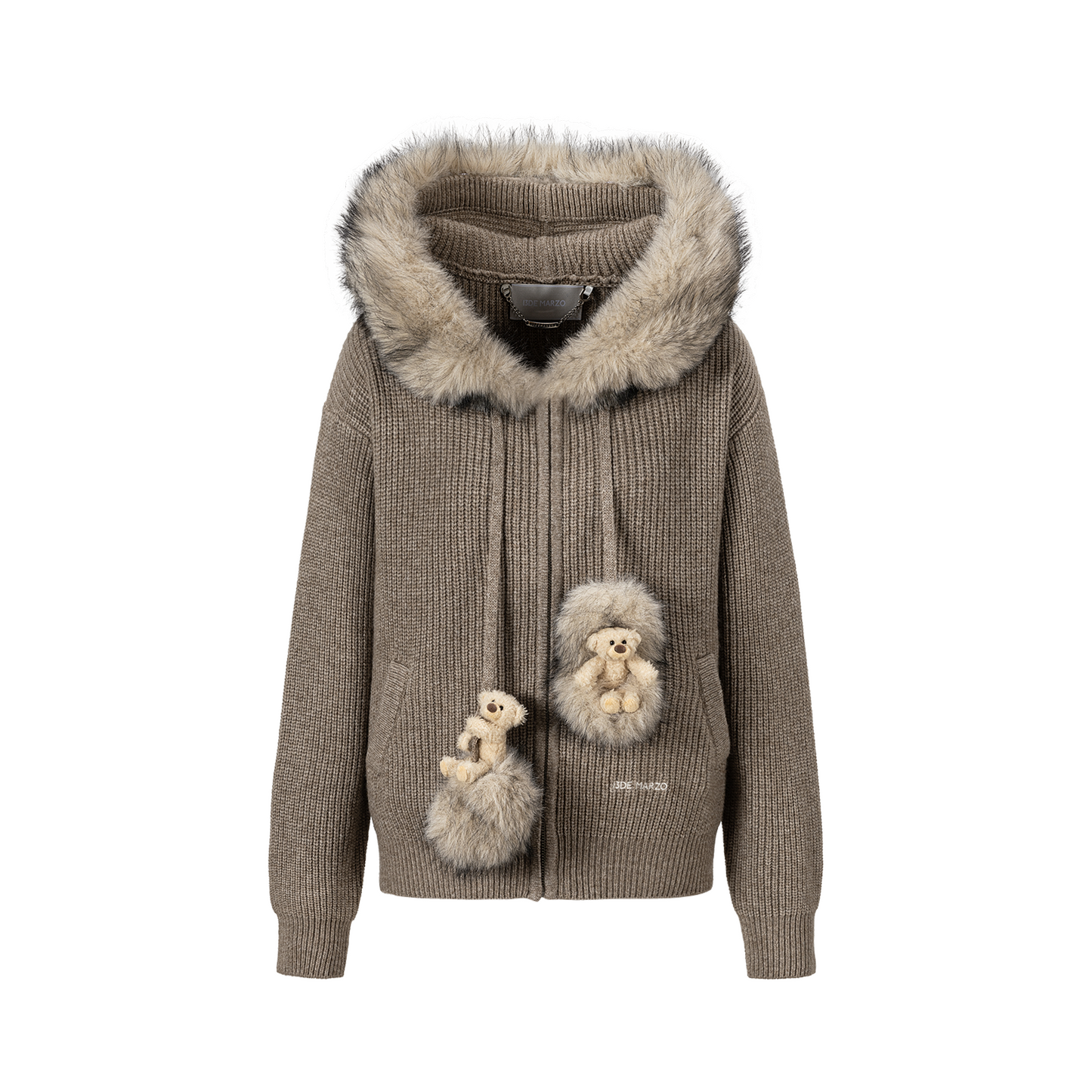 13DE MARZO Pom-pom Bear Fur Collar Knit Sweater Khaki