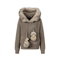 13DE MARZO Pom-pom Bear Fur Collar Knit Sweater Khaki