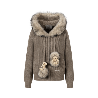 13DE MARZO Pom-pom Bear Fur Collar Knit Sweater Khaki