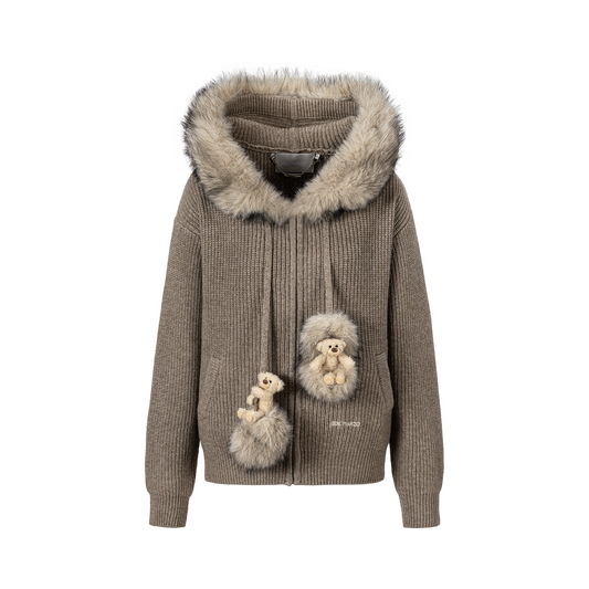 13DE MARZO Pom-pom Bear Fur Collar Knit Sweater Khaki