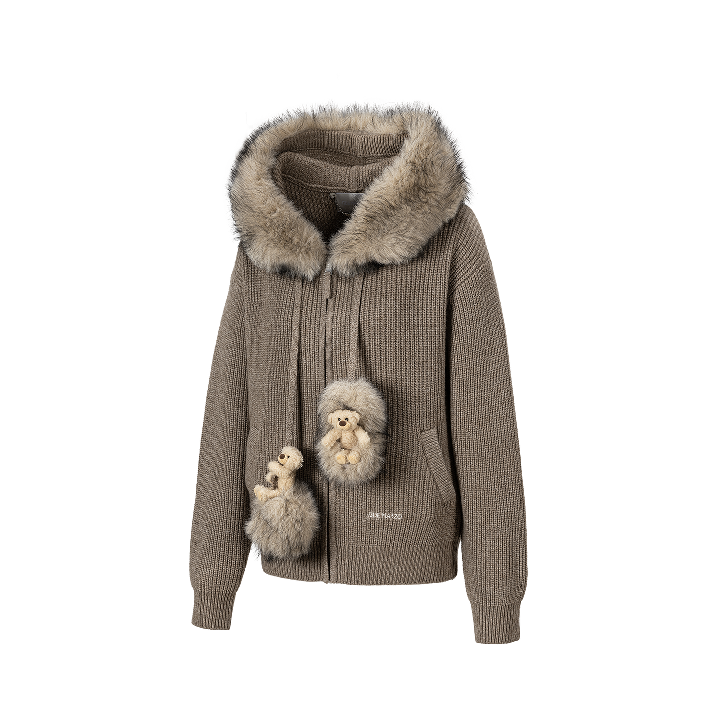 13DE MARZO Pom-pom Bear Fur Collar Knit Sweater Khaki