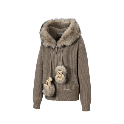 13DE MARZO Pom-pom Bear Fur Collar Knit Sweater Khaki
