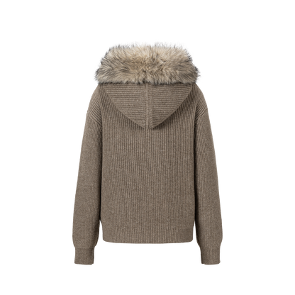 13DE MARZO Pom-pom Bear Fur Collar Knit Sweater Khaki