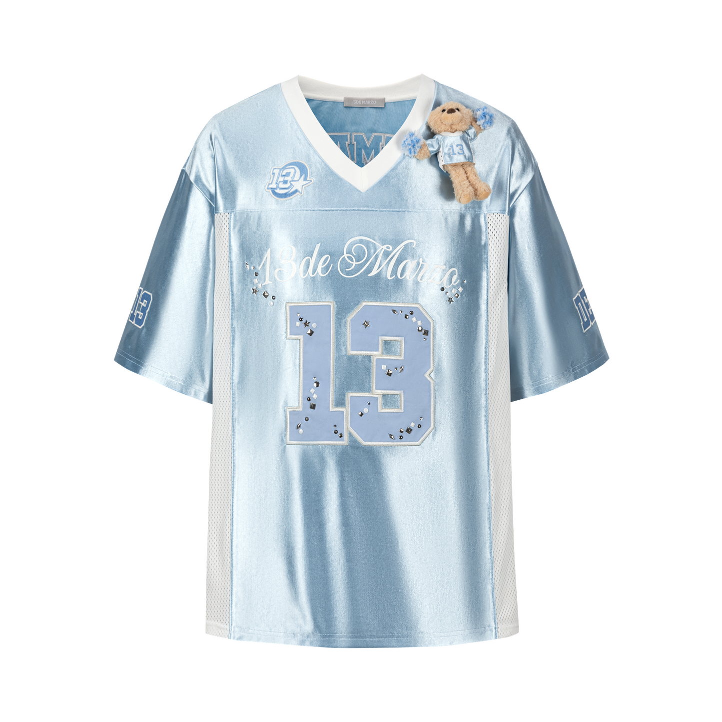 13DE MARZO Bear Cheerleader Satin Jersey T-shirt Blue - 13DE MARZO