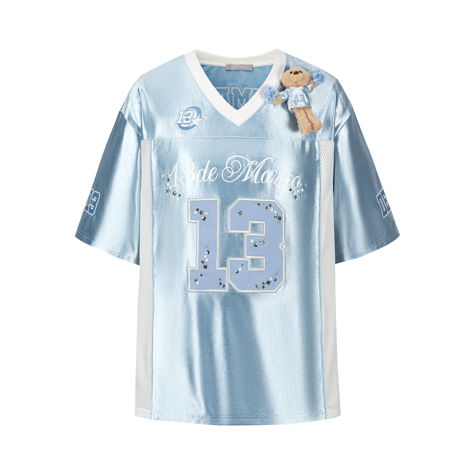 13DE MARZO Bear Cheerleader Satin Jersey T-shirt Blue - 13DE MARZO