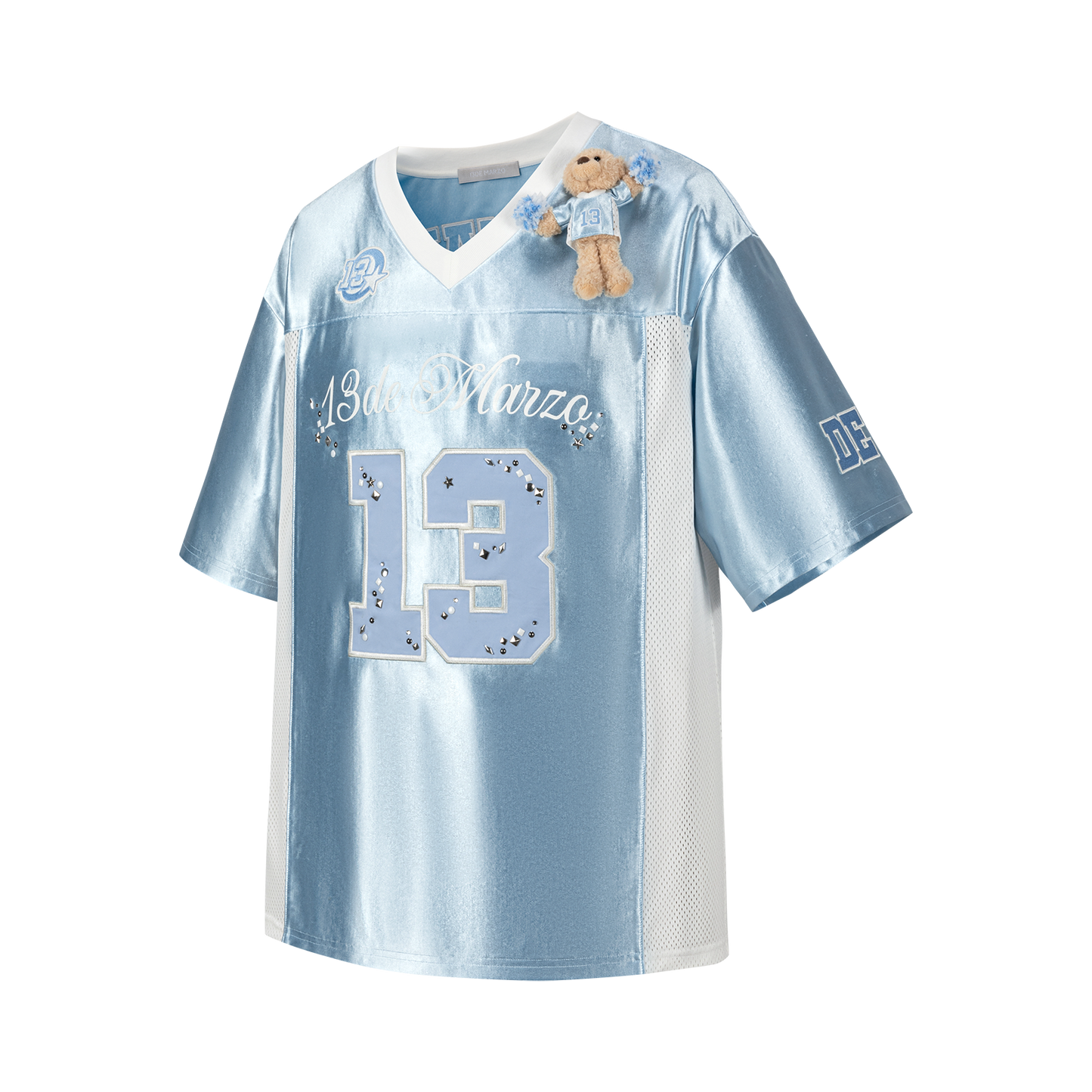13DE MARZO Bear Cheerleader Satin Jersey T-shirt Blue - 13DE MARZO