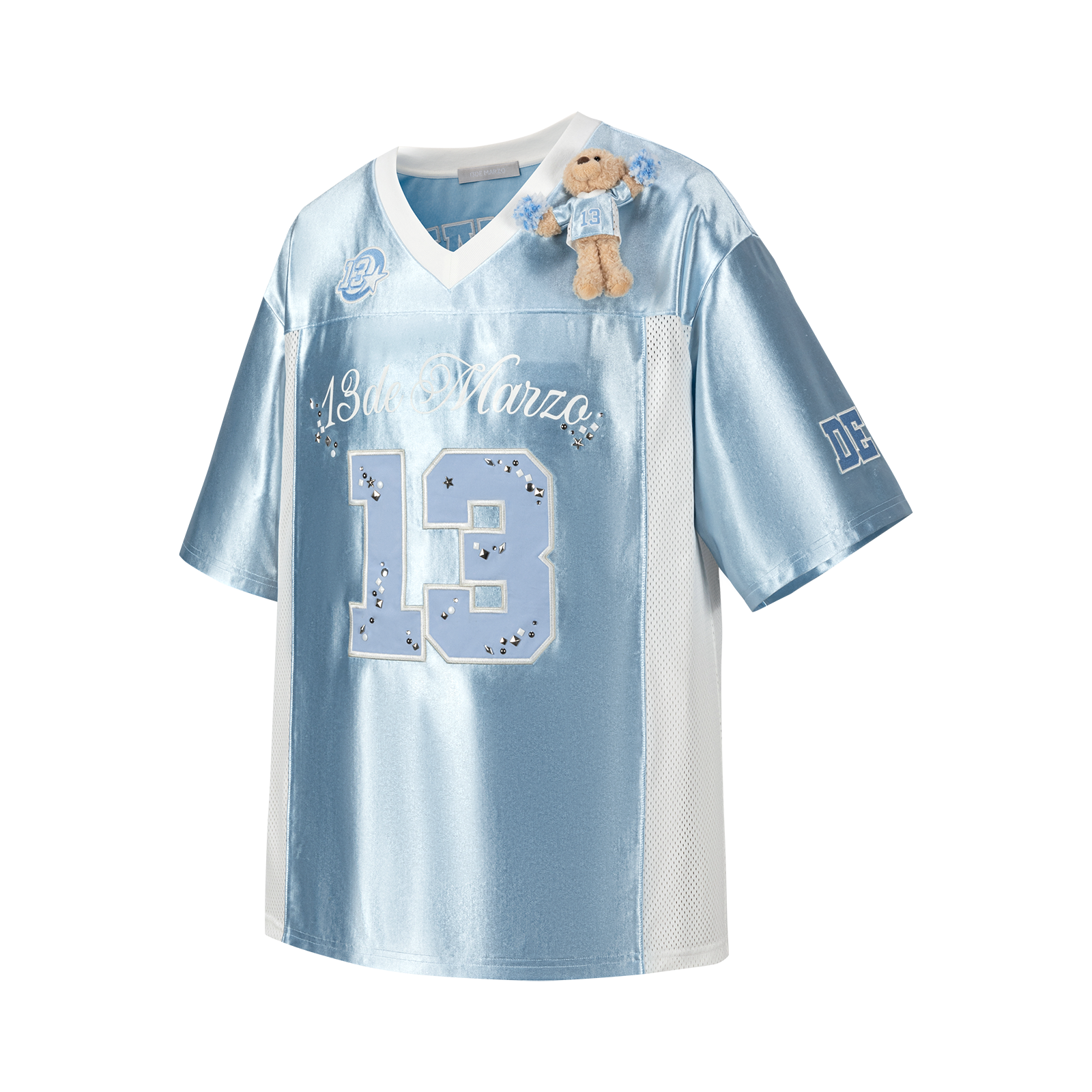 13DE MARZO Bear Cheerleader Satin Jersey T-shirt Blue - 13DE MARZO