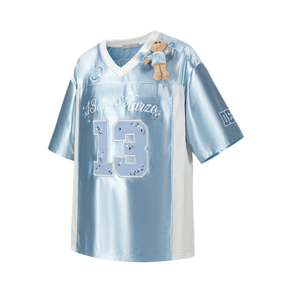 13DE MARZO Bear Cheerleader Satin Jersey T-shirt Blue - 13DE MARZO