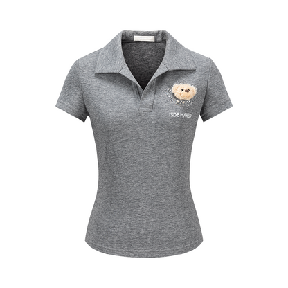 13DE MARZO Faux Rhinestones Fitted Polo Shirt Grey