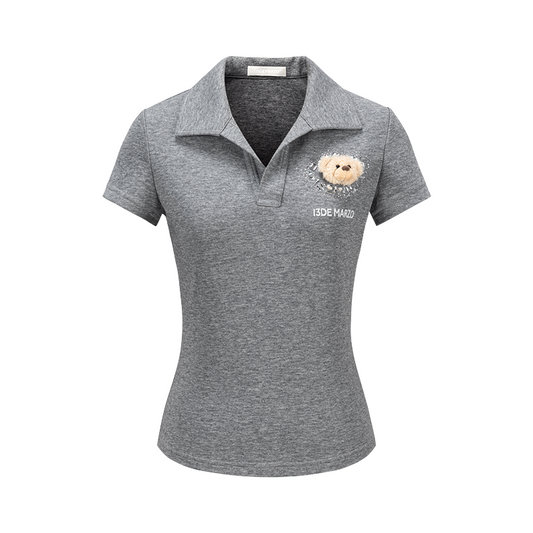 13DE MARZO Faux Rhinestones Fitted Polo Shirt Grey