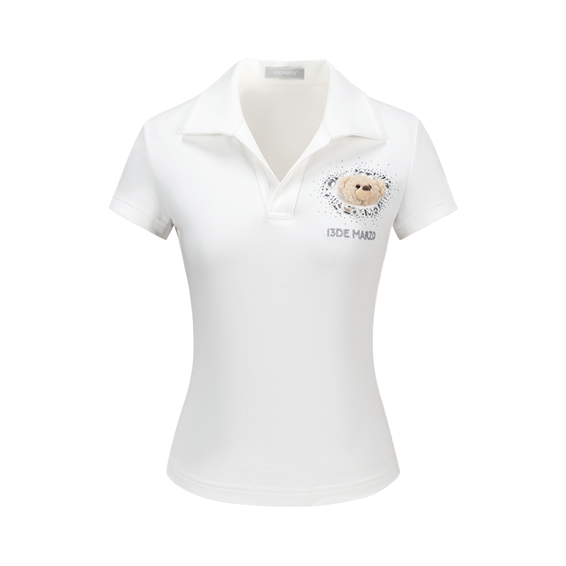 13DE MARZO Faux Rhinestones Fitted Polo Shirt White