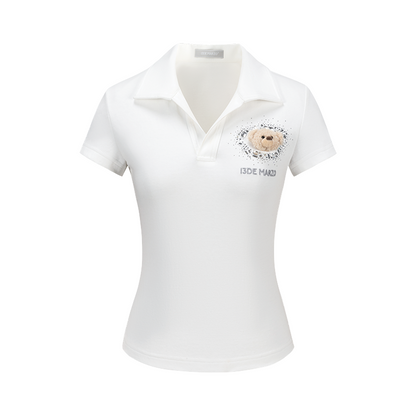 13DE MARZO Faux Rhinestones Fitted Polo Shirt White