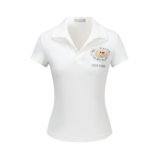 13DE MARZO Faux Rhinestones Fitted Polo Shirt White