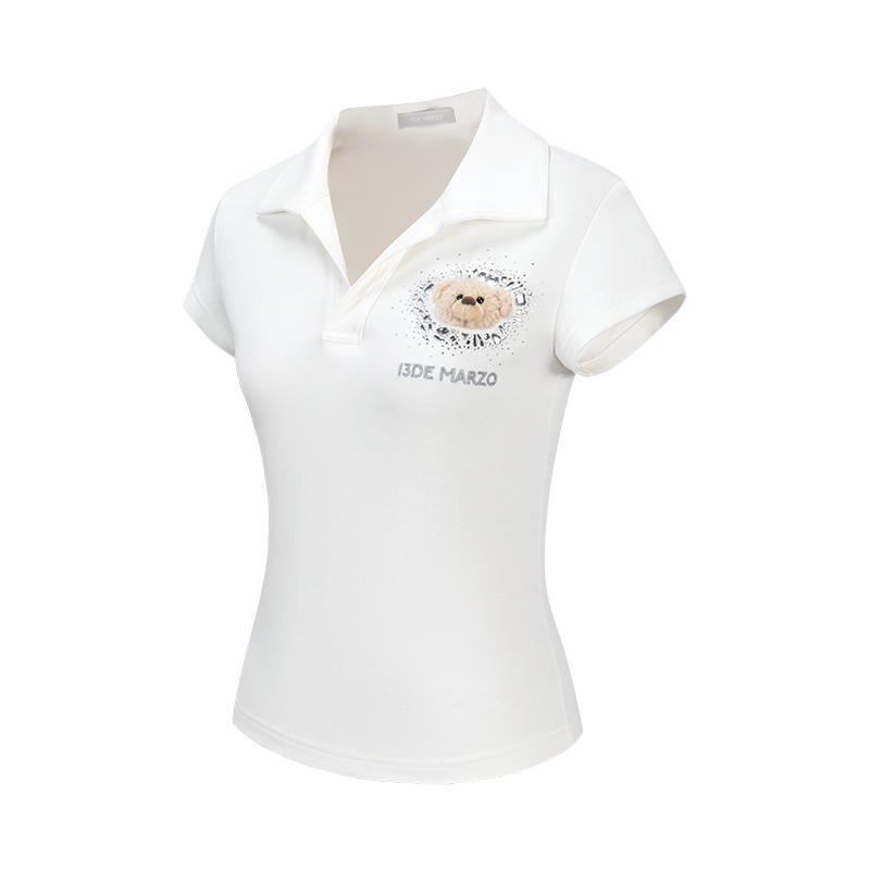 13DE MARZO Faux Rhinestones Fitted Polo Shirt White
