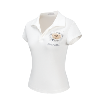 13DE MARZO Faux Rhinestones Fitted Polo Shirt White
