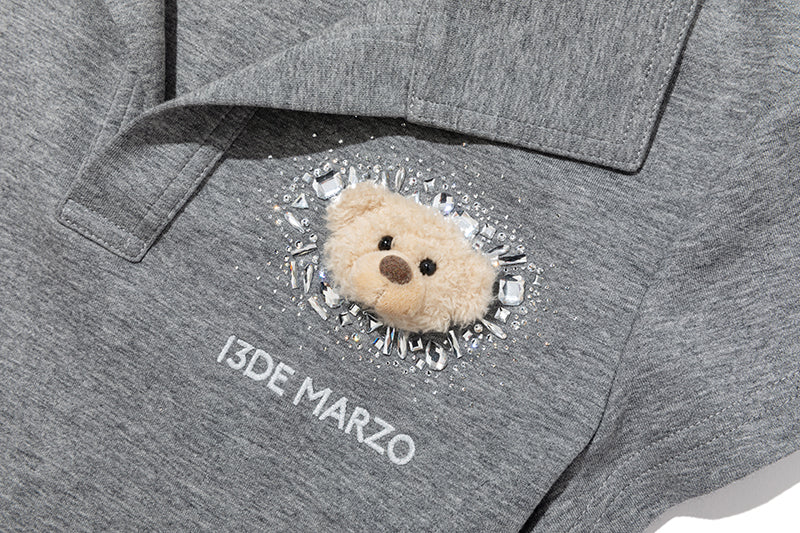 13DE MARZO Faux Rhinestones Fitted Polo Shirt Grey