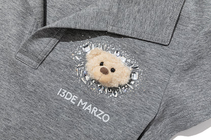 13DE MARZO Faux Rhinestones Fitted Polo Shirt Grey