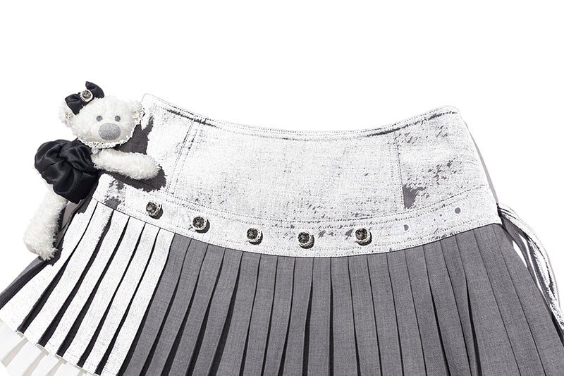 13DE MARZO Faux Rhinestones Double-Layer Pleated Skirt Grey