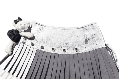 13DE MARZO Faux Rhinestones Double-Layer Pleated Skirt Grey