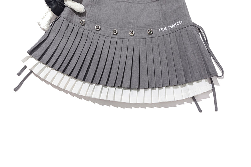 13DE MARZO Faux Rhinestones Double-Layer Pleated Skirt Grey