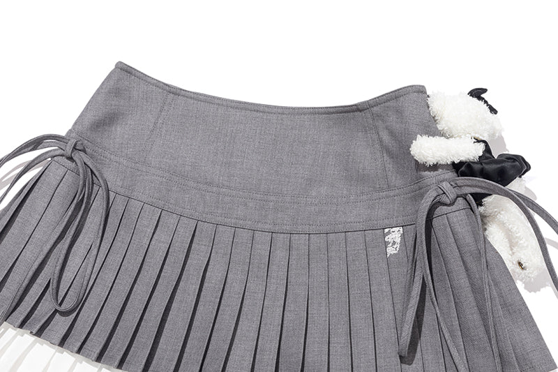 13DE MARZO Faux Rhinestones Double-Layer Pleated Skirt Grey