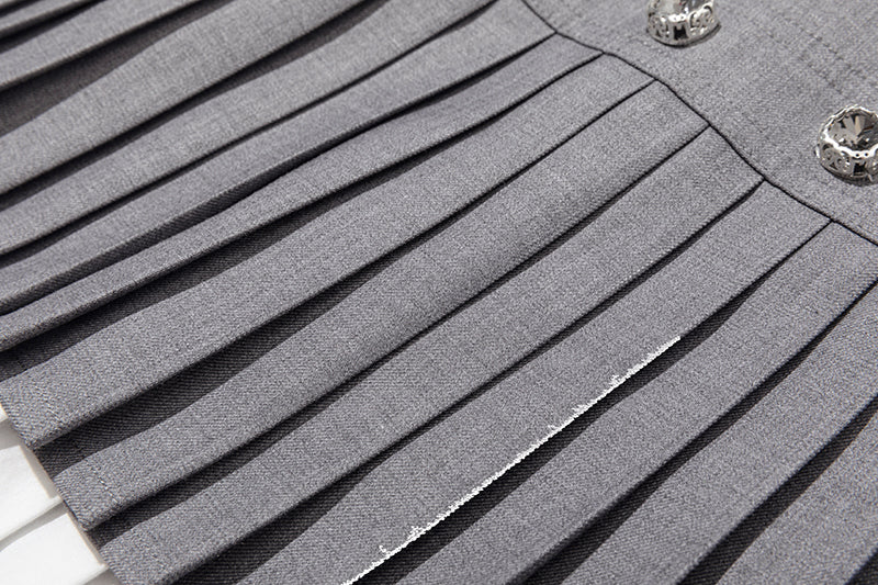 13DE MARZO Faux Rhinestones Double-Layer Pleated Skirt Grey