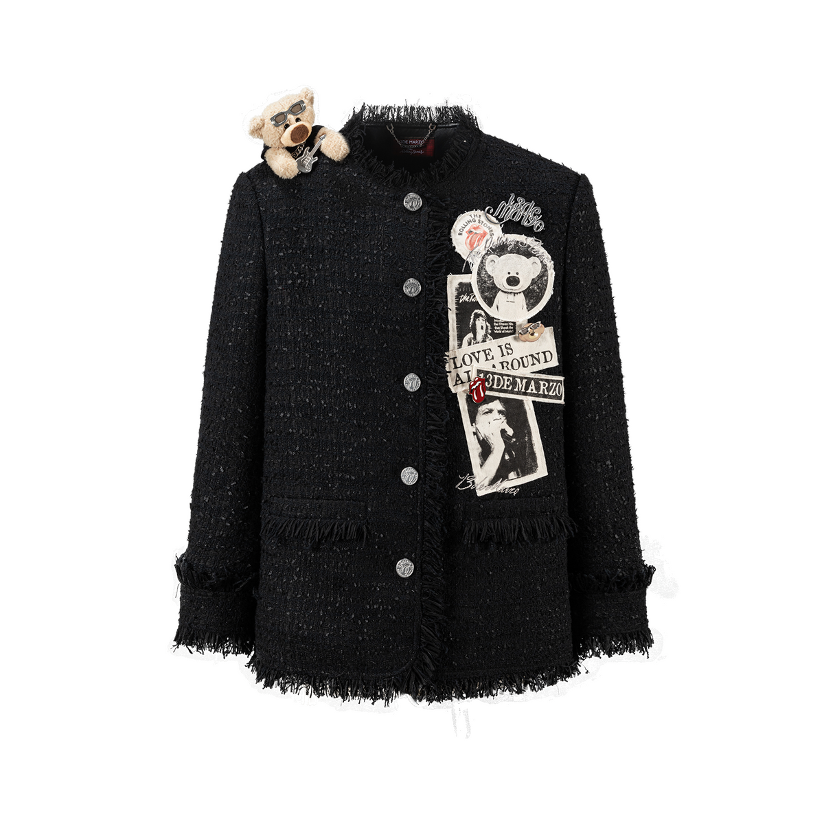 13DE MARZO Rolling Stones Badge Tweed Jacket Black