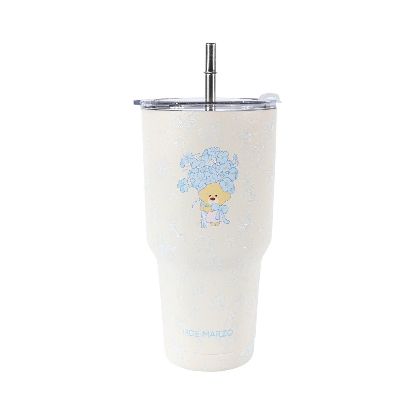 13DE MARZO Embossed Floral Bear Steel Cup White